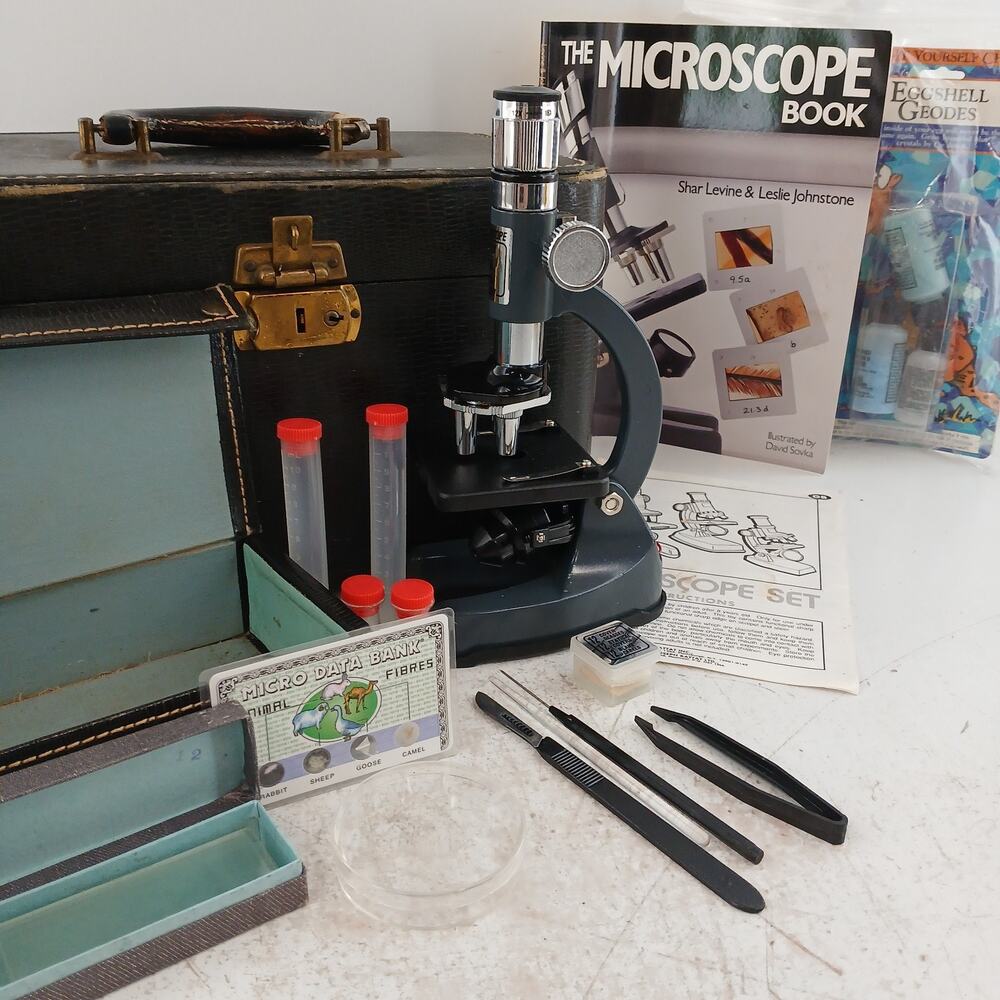 Vintage EDU-TOYS Microscope Set w/ Case Tools & Book Science Kit Educational Toy
